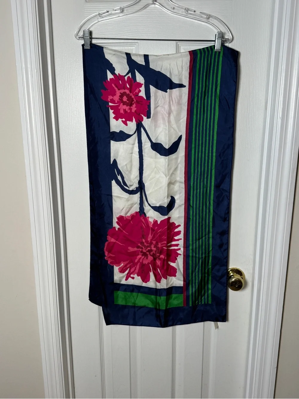 NWT Vintage Talbots 100% Silk Scarf Fuchsia Pink Floral Navy Green Striped